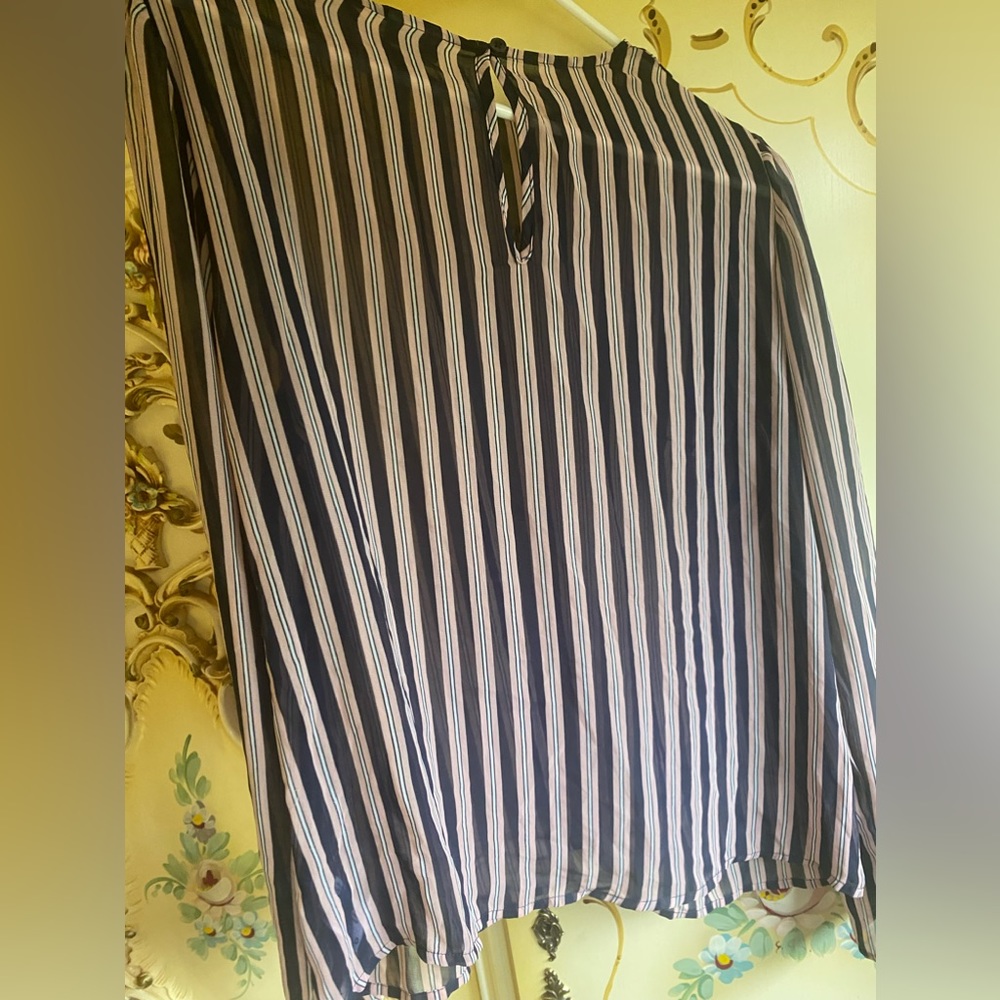 Beautiful shear blue &pink long sleeve striped blouse sz large - Picture 9 of 9